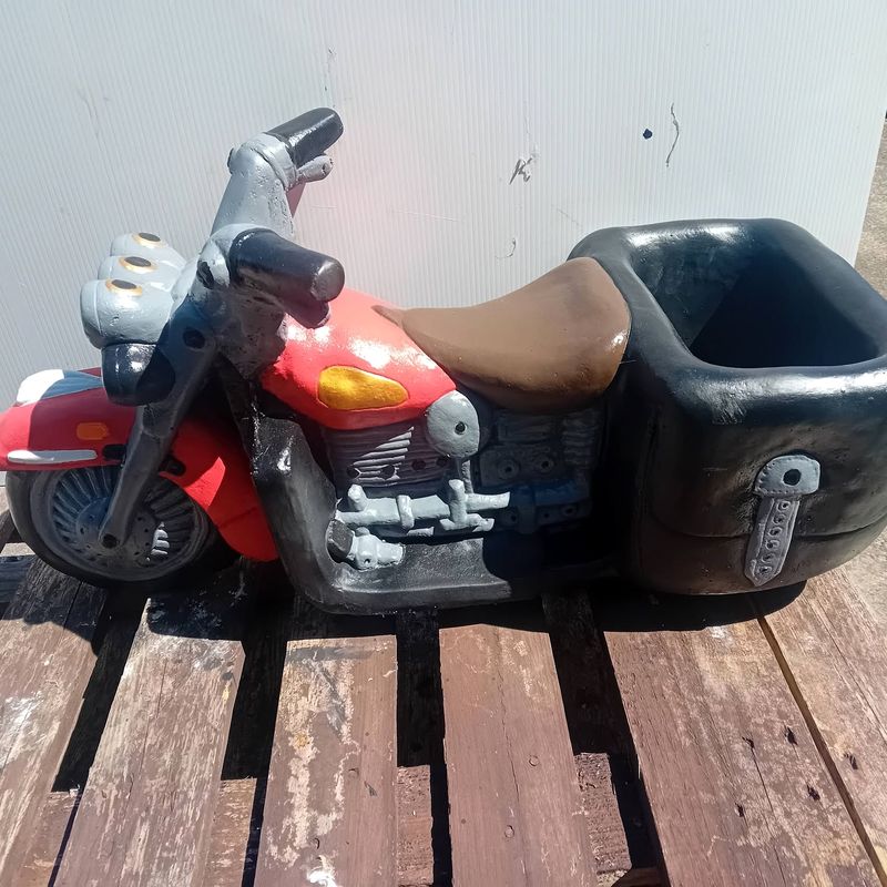 The same motorbike and sidecar planter hand-painted in red, black and chrome